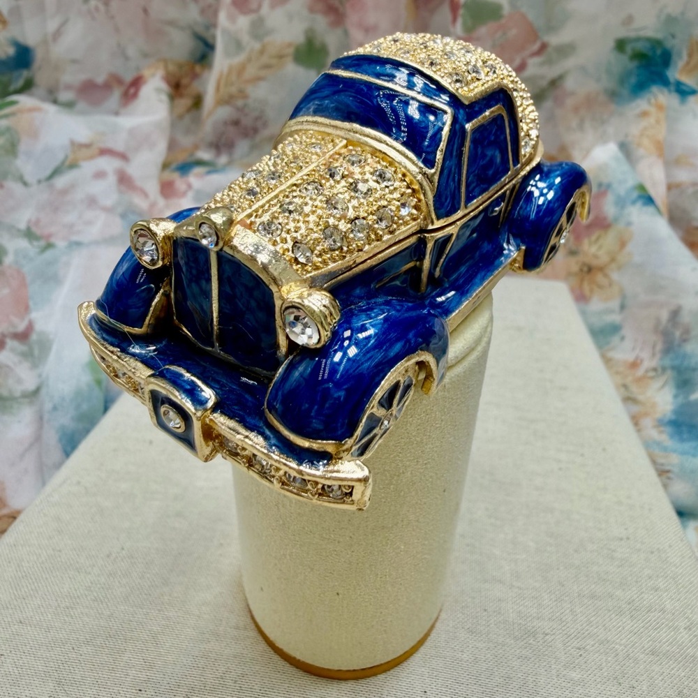 Blue and Gold Jeweled Vintage Car Trinket Box #5TB